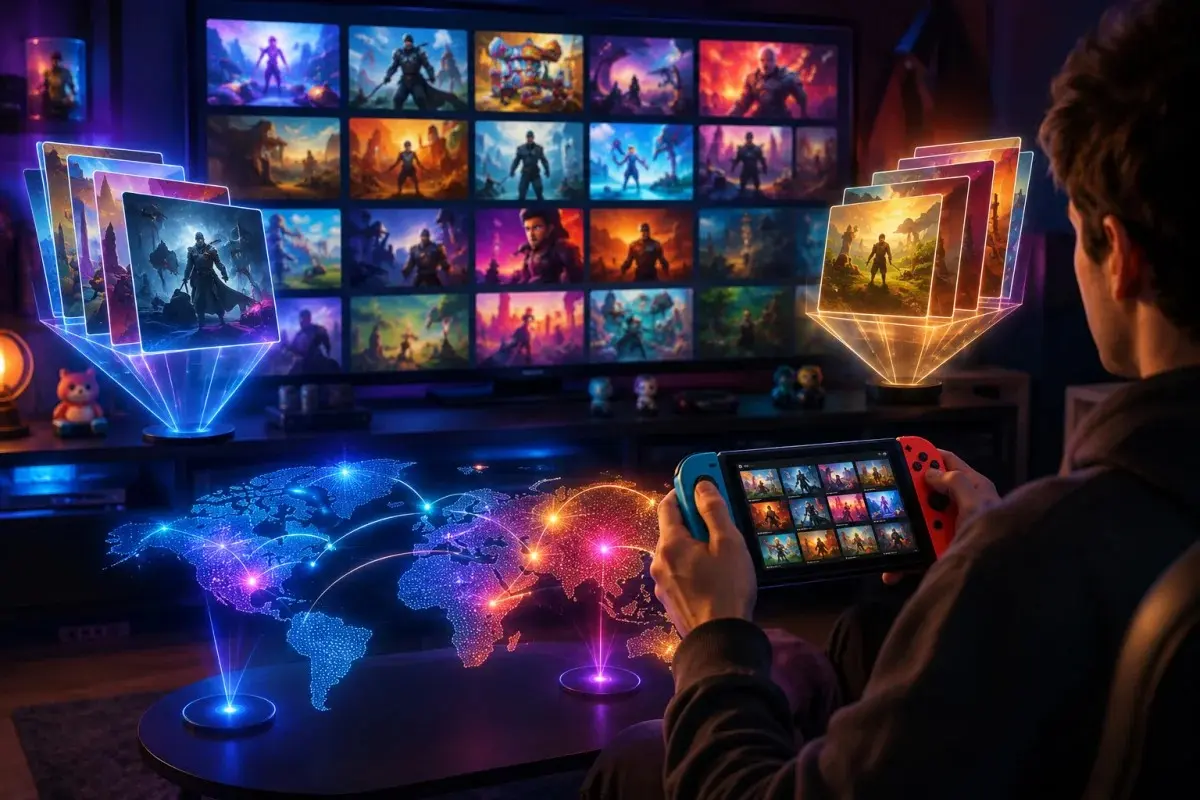 Modern gamer exploring an eshop sale on a Nintendo Switch with a large digital game marketplace, floating holographic game cards, and a glowing world map highlighting widespread game discounts in a futuristic gaming setup.