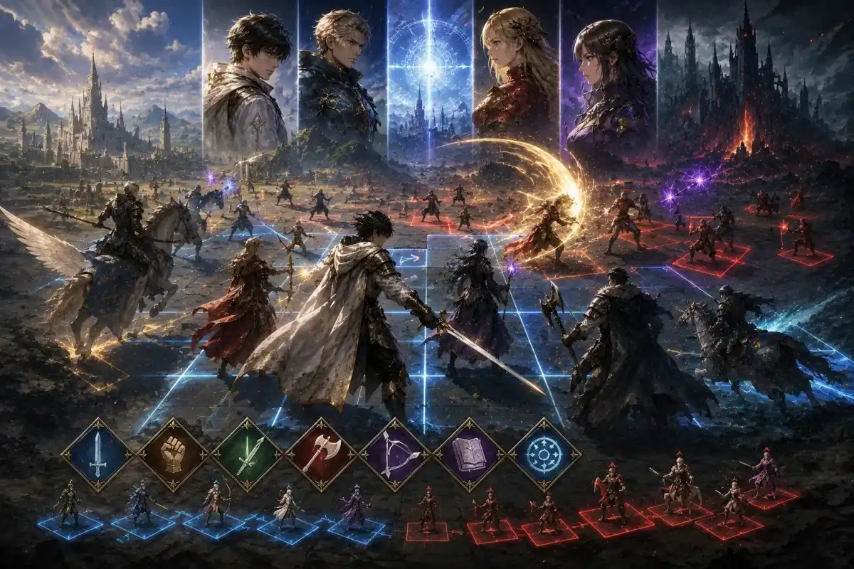 Fire Emblem Fortune's Weave tactical battle featuring multiple combat classes, strategic grid warfare, powerful weapons, magic attacks, and cinematic fantasy combat inspired by the series' evolution.