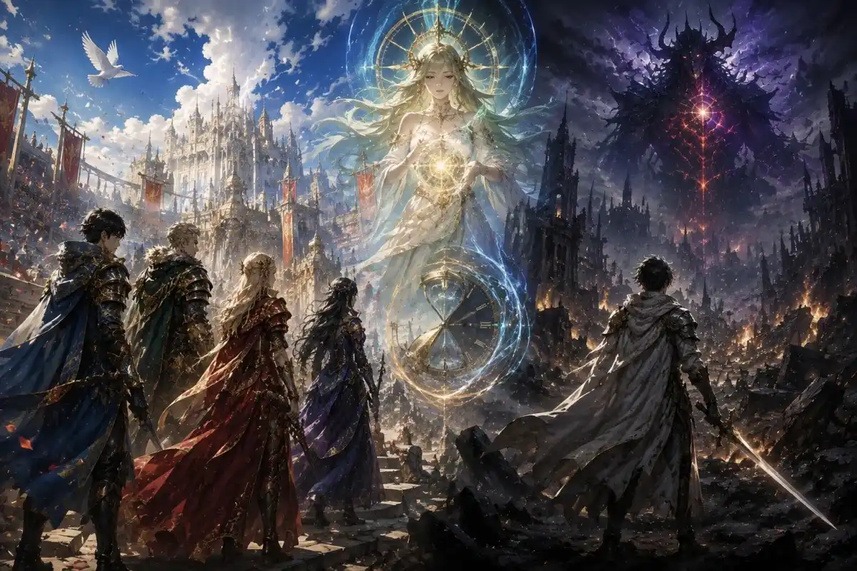 Fire Emblem Fortune's Weave illustration showing the four champions, the mysterious protagonist, the goddess of time, and the contrast between the peaceful empire and its destroyed future.