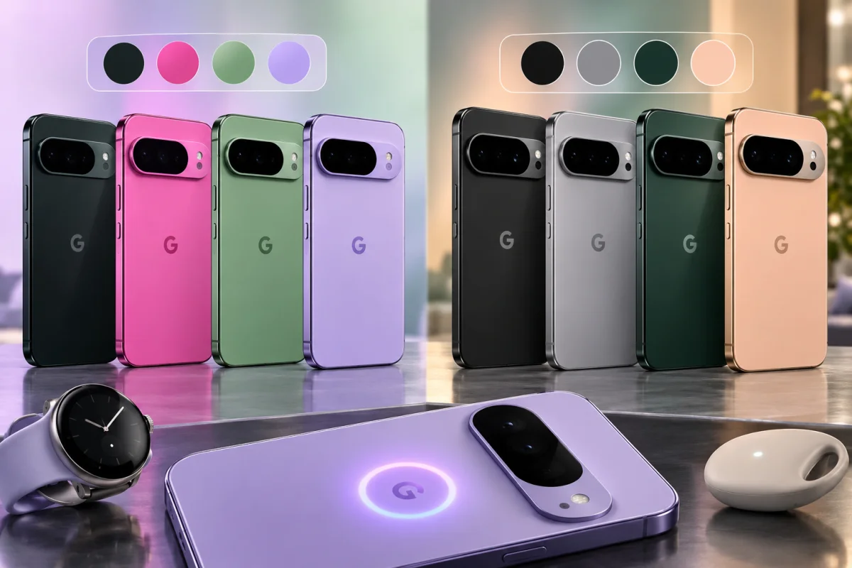 Google Pixel 11 color options including Midnight, Fuchsia, Moss, and Sterling alongside Google Pixel 11 Pro and Pro XL shades in Midnight, Fog, Pine, and Dune.