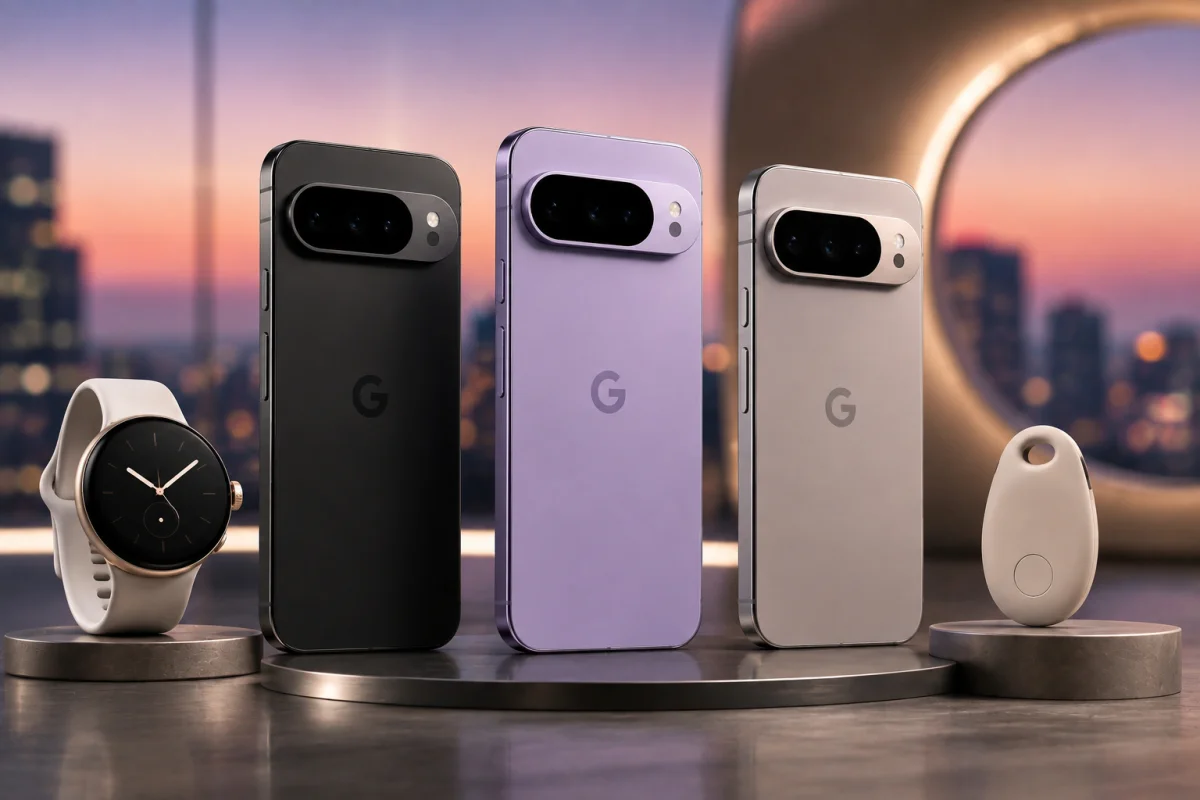 Google Pixel 11 smartphones displayed with Pixel Watch and Bluetooth tracker companion hardware representing the upcoming Google Pixel 11 ecosystem launch.