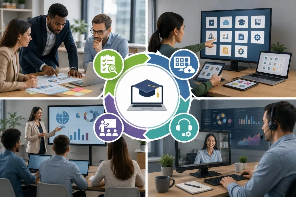 Instructional technology services implementation process showing planning, digital tool rollout, training, support, and evaluation for successful technology adoption.