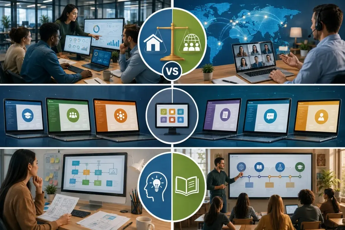 Instructional technology services comparison showing digital learning platforms, virtual classrooms, educational technology tools, and modern training solutions for effective knowledge delivery.