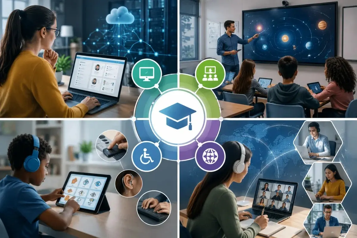 Instructional technology services types featuring LMS support, classroom technology integration, accessible learning tools, and blended education solutions.