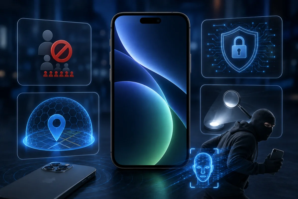 iOS 26.6 illustration showing smaller security features, blocked contacts, secure location protection, and dormant anti-theft detection technology on iPhone.