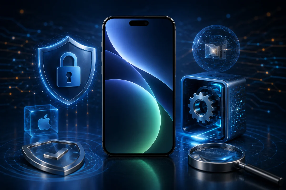 iOS 26.6 image illustrating kernel security fixes, WebKit protection, secure system architecture, and enhanced iPhone cybersecurity.