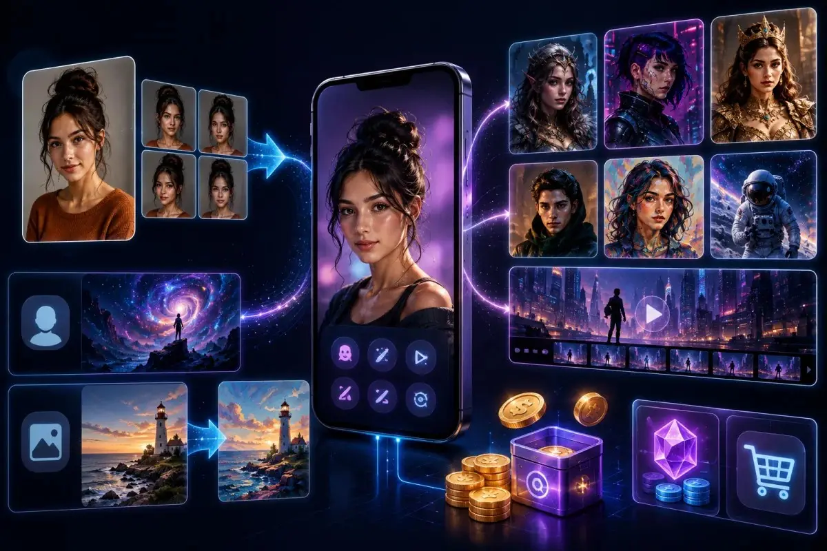 Lisa AI workflow showing photo uploads, AI avatar generation, text-to-art, image-to-art creation, and coins for premium features.