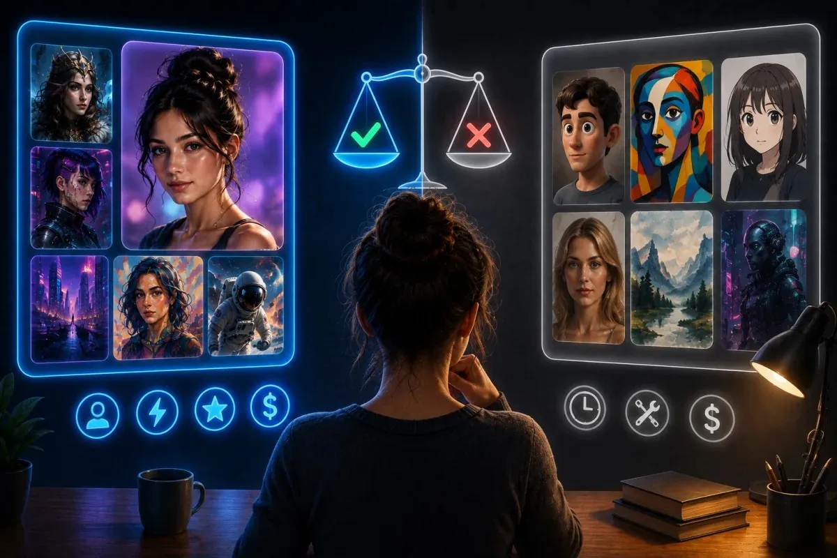 Lisa AI compared with alternative AI avatar and digital art tools for choosing the best platform based on creative needs.