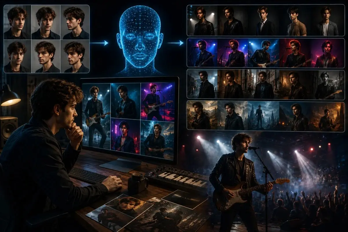 Musician creating press photos, concert portraits, and cover art with photoshoot ai while preserving facial likeness accuracy.