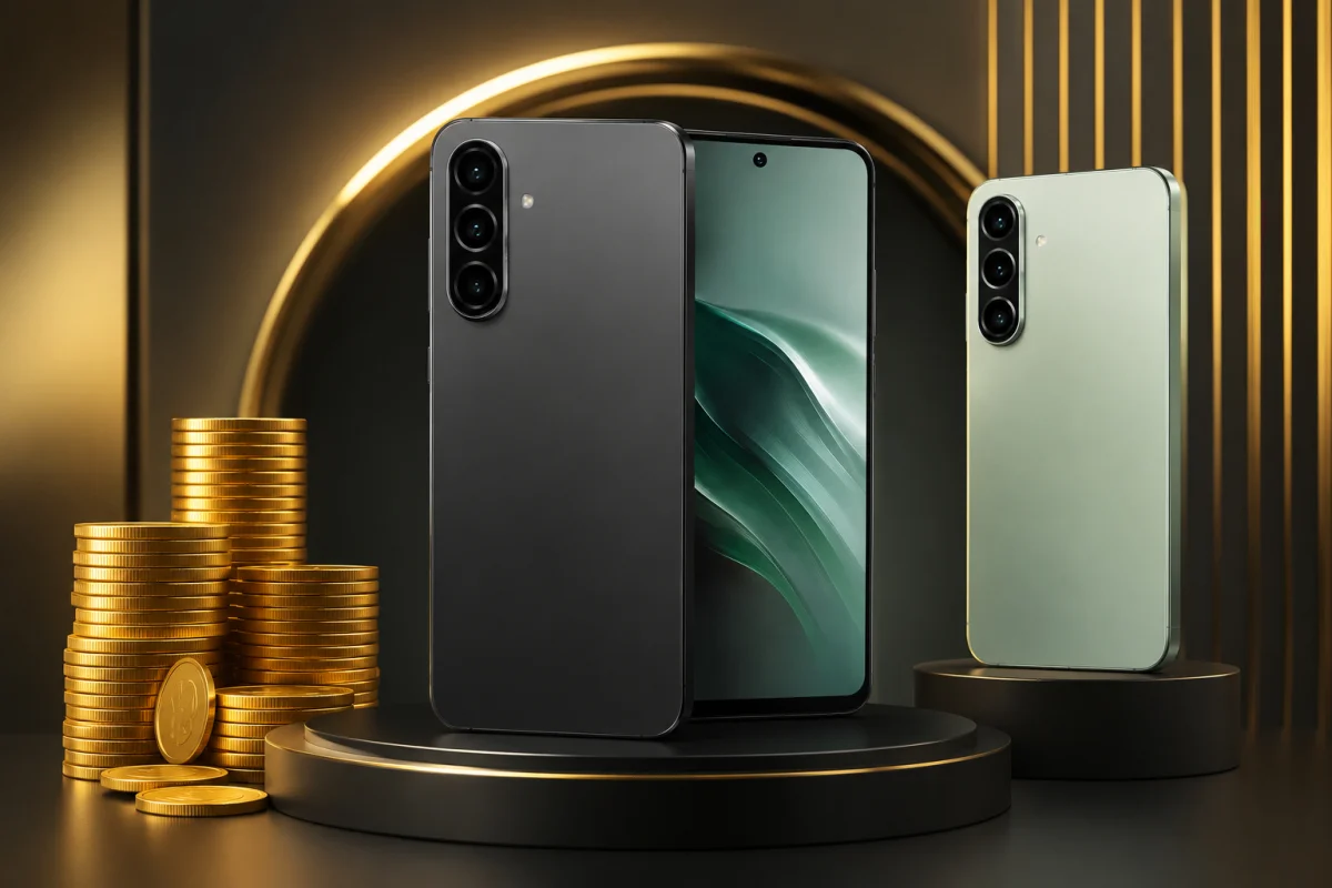 Samsung Galaxy F70 Pro 5G in Alpha Black and Aura Green representing India pricing, storage variants, and premium smartphone value.
