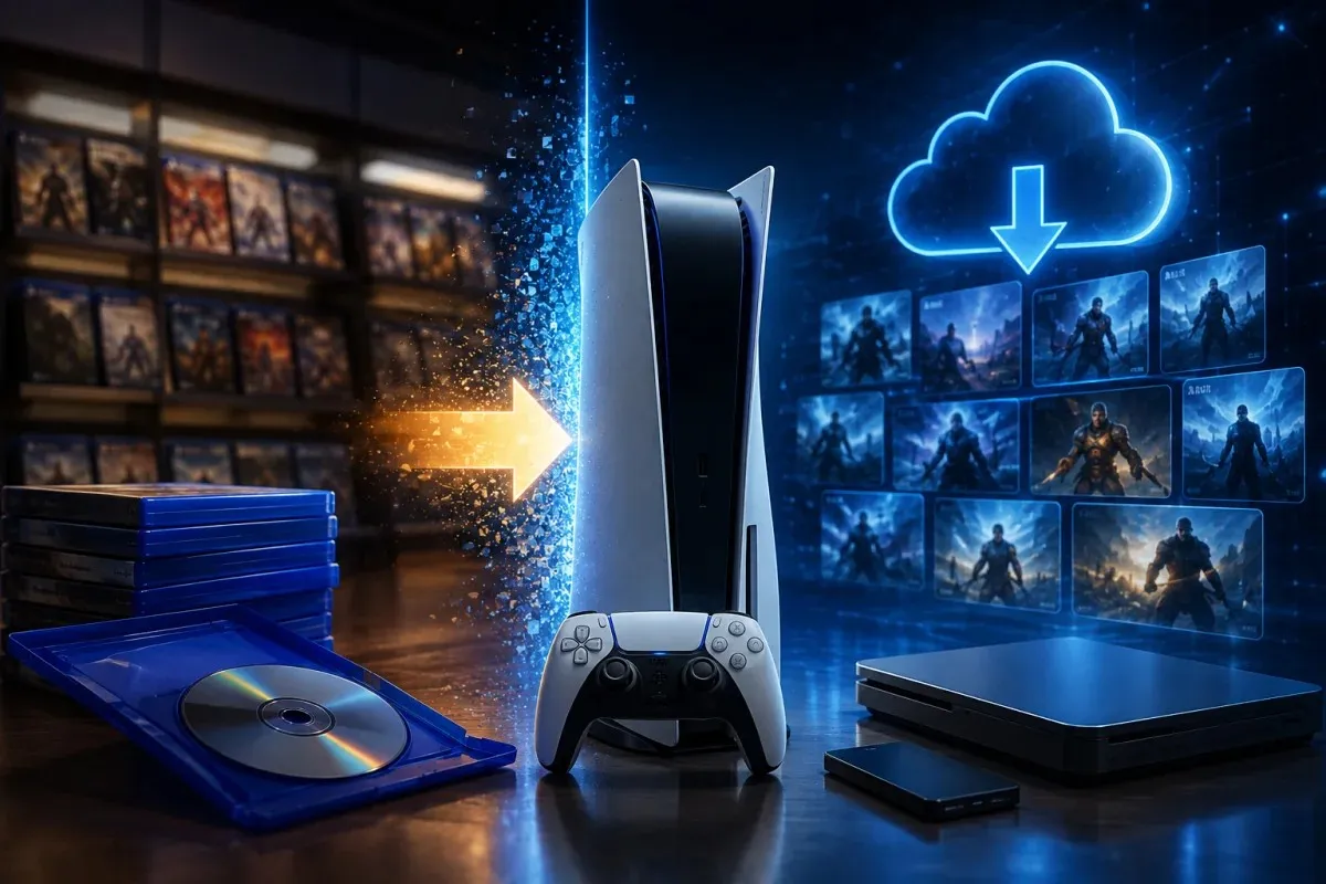 Sony PlayStation Disc Future visual showing physical PlayStation game discs transitioning into a digital-only gaming ecosystem after January 2028.