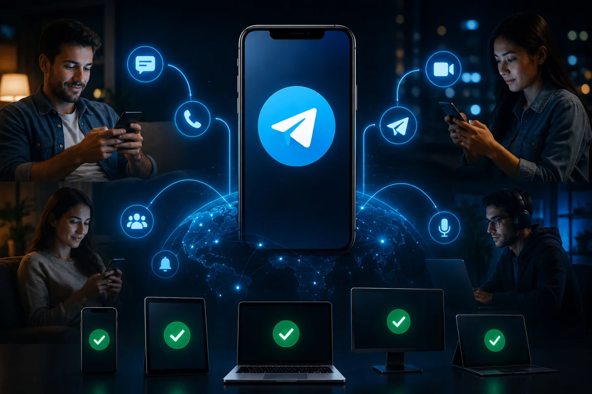 Telegram users actively communicating across smartphones, tablets, laptops, and desktop devices while Telegram services remained operational during the temporary App Store outage.