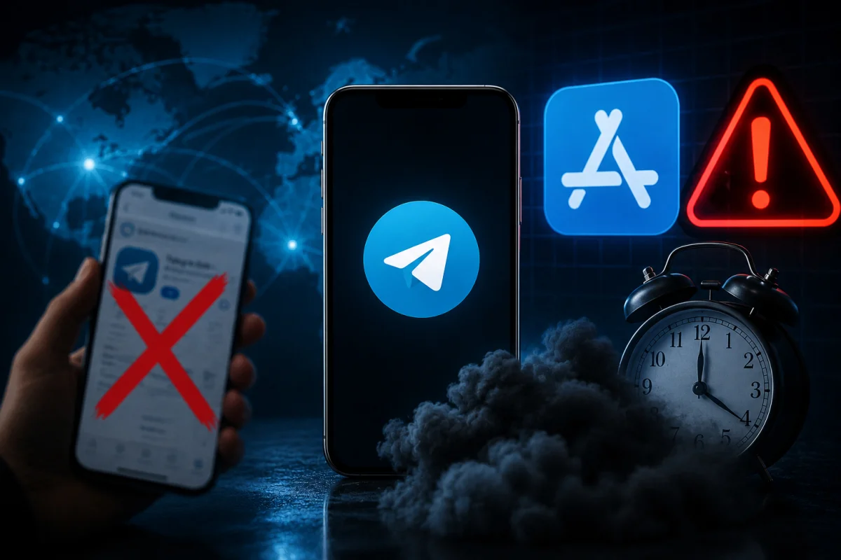 Telegram app shown during a temporary Apple App Store disappearance with outage, warning, and time-related visuals illustrating how long Telegram was unavailable to new users.